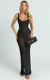 Laney Maxi Dress - Mesh Sweetheart Neck Bodycon Dress in Black